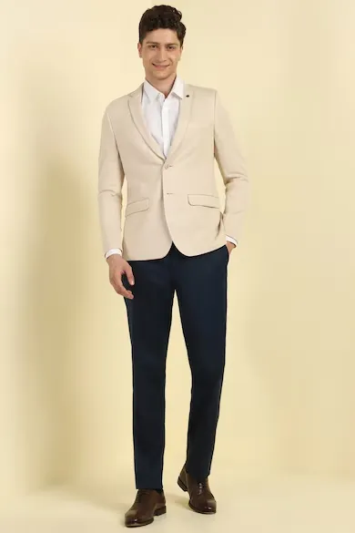 Men Beige Slim Fit Textured Formal Blazer